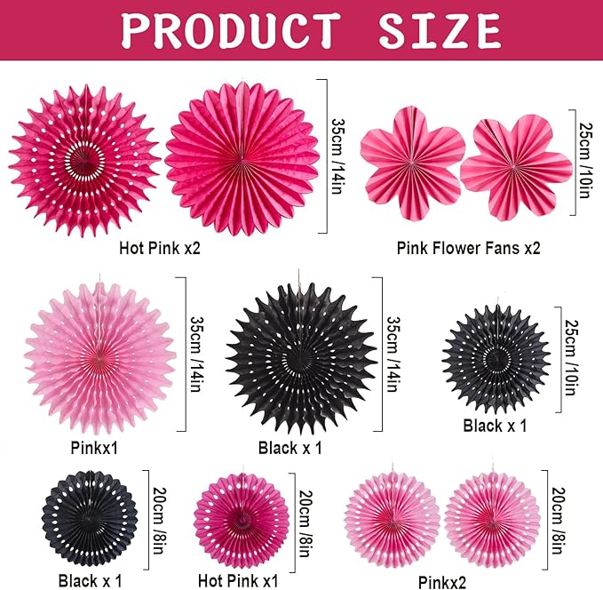 11PCS Hanging Paper Fans Decorations Pink Black Birthday Party Decorations for Girls Sweet 16 18 21st Birthday Bridal Shower Wedding Bachelorette Galentine's Party Decor Supplies
