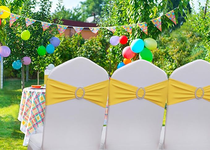 Spandex Yellow Chair Sashes 100 Pack, Yellow Chair Bands Sashes for Wedding Birthday Gender Reveal Party Decor, Chairs Ties