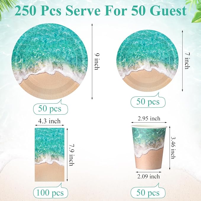 Funnymoom 250 Pcs Beach Party Decoration Ocean Waves Paper Plates Napkins and Cups Nautical Sea Shore Ocean Pool Party Tableware Set for Summer Beach Tropical Hawaii Birthday Decorations, Serves 50