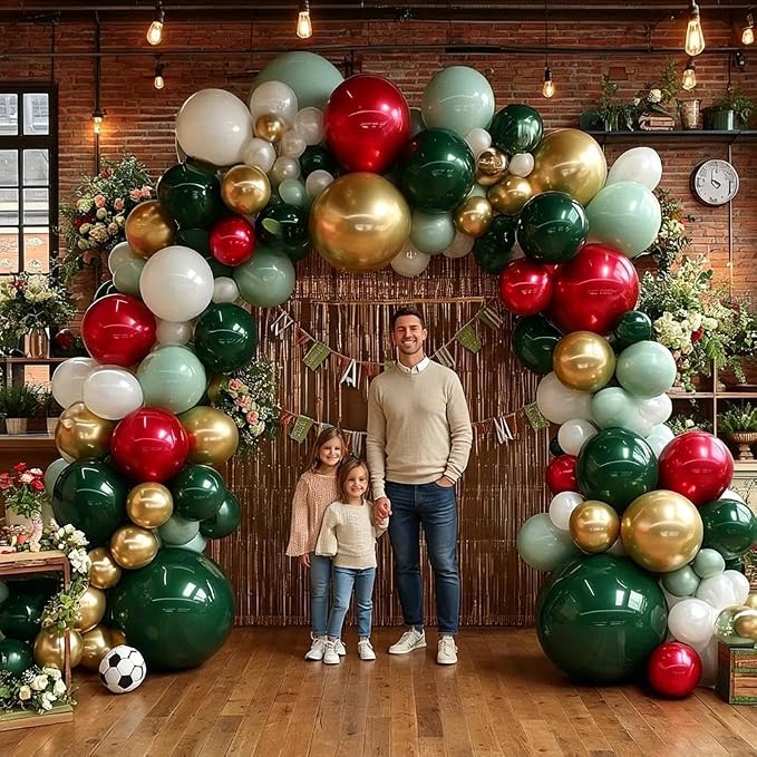 Soccer Balloon Arch Kit, Double Stuffed Dark Green Red Pearl White Gold Balloons Emerald Green Burgundy Balloon Garland for World Cup Soccers Football Sports Theme Birthday Graduation Party Decoration