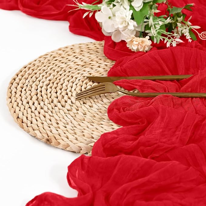 24 Pack Red Cheesecloth Table Runner 10FT Boho Gauze Cheese Cloth Table Runner Rustic Sheer Fabric Table Runners for Wedding Bridal Shower Baby Shower Party(21.5×120 Inch)