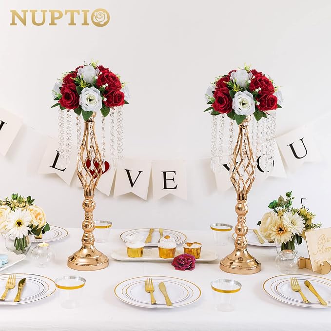 NUPTIO Artificial Flower Centrepieces for Tables - 6 Pcs Crimson & White Fake Flowers Roses Balls 9.5in Diameter - Silk Faux Rose Arrangement for Wedding Party Centerpiece Table Decorations | Crimson & White, Silk Floral Balls Arrangement, for Birthday...