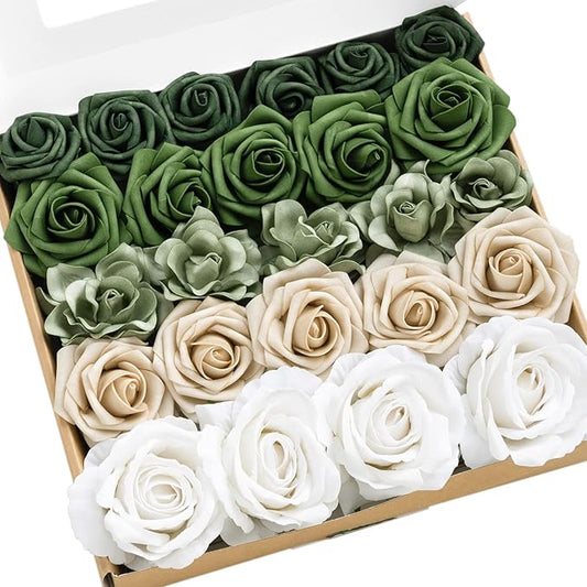 Ling's moment Artificial Flowers Fake Silk Roses Faux Foam Gardenia Combo for DIY Wedding Bouquets Centerpieces Arrangements Bridal Shower Party Home Decorations, Emerald Green & Tawny Beige, 25pcs
