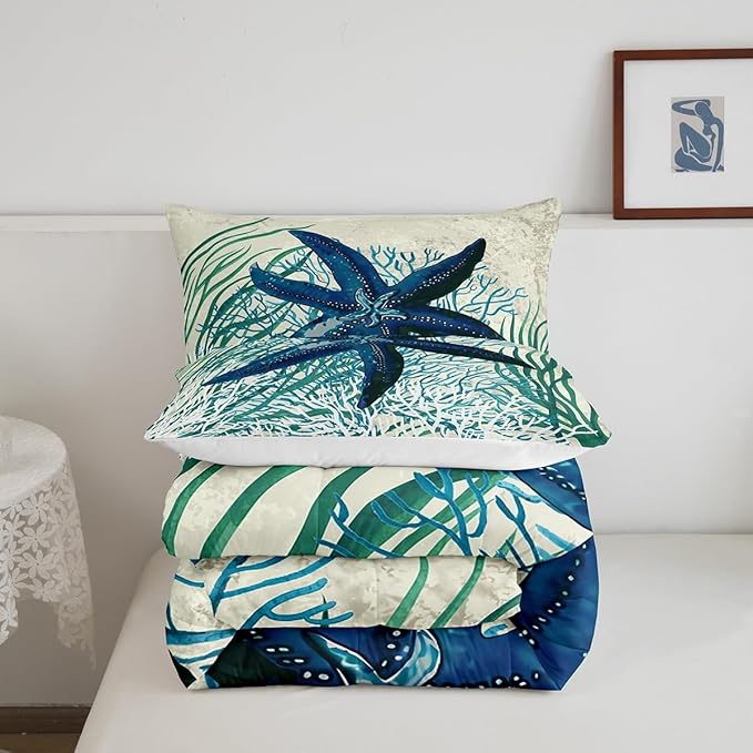 Feelyou Starfish Beach Comforter Set King Size Kids Summer Theme Comforter for Boys Girls Teens Marine Themed Bedding Set Underwater Animal Duvet Set Ocean Creature Quilt