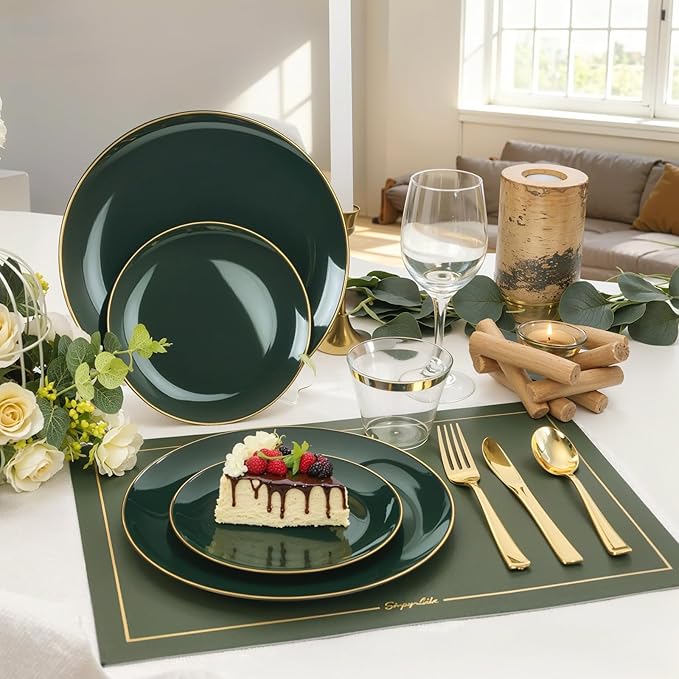 WDF 150Pcs Green Plastic Plates - Green Plates Disposable with Gold Rim - 25Guest Disposable Dinnerware Include 50 Plastic Plate, 75 Gold Cutlery & 25 9oz Cups for Wedding/Party/Birthday