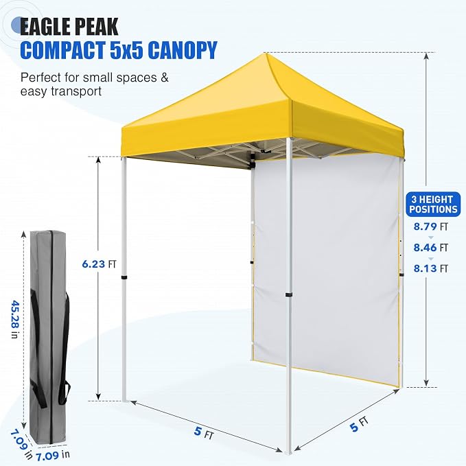 EAGLE PEAK Pop up Canopy 5x5, Outdoor Portable Canopy Tent with One Removable Sunwall, Carry Bag Included, Yellow