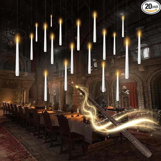 kakoya Flameless Floating Candles with Wand，20 Pcs Magic LED Hanging Taper Candles，Flickering Battery Operated Taper Candle with Wand Remote for Halloween Decorations Best Gift（White）