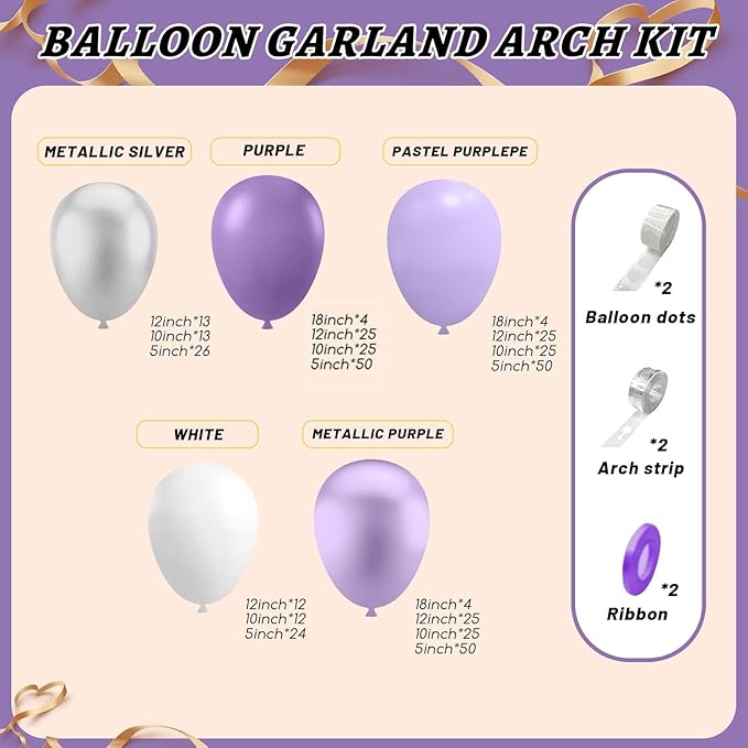 412Pcs Purple Balloon Garland Arch Kit,18 12 10 5 Inch Different Size Lavender Latex Metallic Silver Balloons for Butterfly Birthday Girls Women Wedding Birthday Baby Shower Party Decorations