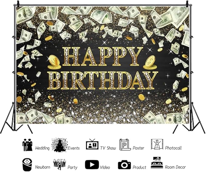 12x8ft Money Birthday Backdrop Dollar Bill Gold Coins Bday Party Background Supplies Money Happy Birthday Party Backdrop Black and Gold Banner Sparkle Glitter Diamonds Decor Gifts Photobooth