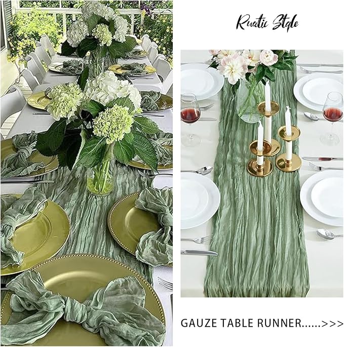12 Pack Sage Green Cheesecloth Table Runners 35x120 Inch, Wide Boho Gauze Table Runner for Wedding Baby Shower Birthday Party Decor, Semi-Shear Rustic Tablecloth