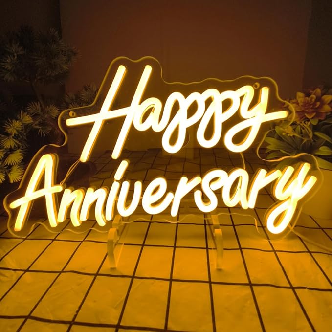 Happy Anniversary Neon Sign - Wedding Birthday Party Decoration Neon Light for Bedroom,Living,Home Bar Valentine's Day Anniversary Decor Gift (warm white)