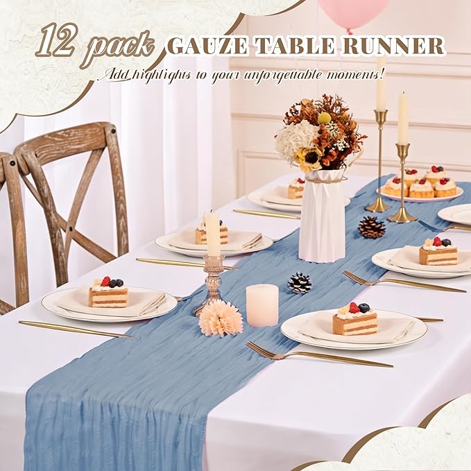 12 Pack Dusty Blue Table Runner, Cheesecloth Table Runner Long Romantic Semi Sheer Rustic Boho Gauze Table Runners for Wedding Bridal Shower Birthday Party Decorations(17.7×108 Inch)