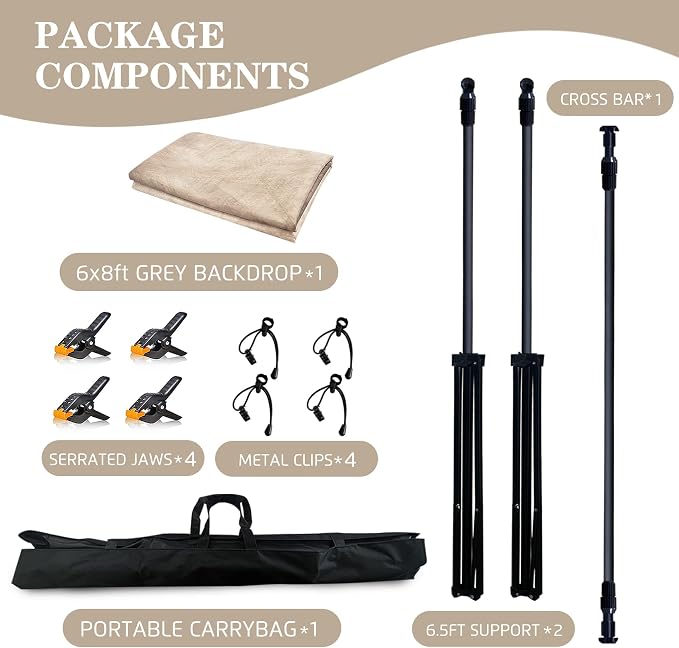 6.5x6.5 ft Photo Backdrop Stand with 6Wx8H ft Abstract Backdrop,Beige | 2-in-1 Portable, 6.5Wx6.5H ft Adjustable Stand, 6Wx8H ft Abstract photography background, 8 Clamps, Storage Bag Included