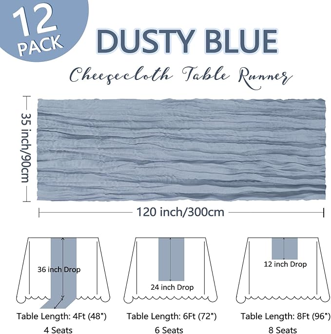 12 Pack Dusty Blue Cheesecloth Table Runner 10Ft Spring Gauze Cheese Cloth Table Runner 35x120 Inch Boho Sheer Rustic Fabric for Party Decor Baby Shower Wedding Decorations