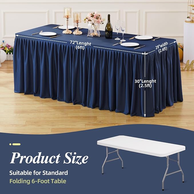 PARTISKY 1 Pack Navy Blue Tablecloths for Rectangle Tables 6ft, Wrinkle Resistant Navy Blue Table Cover Fitted Stretch Table Cloth with Pleated Ruffle Skirts for Party Banquet Dining Birthday Wedding