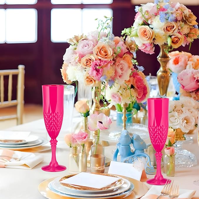 Plastic Champagne Flutes,Wine Glasses Goblets Set of 24,Mimosa Bar Shatterproof Reusable Vintage Champagne Flutes Stemmed Drinking Cups for Weddings, Bachelor Parties, Toasting,Cava, Prosecco(24,Pink)
