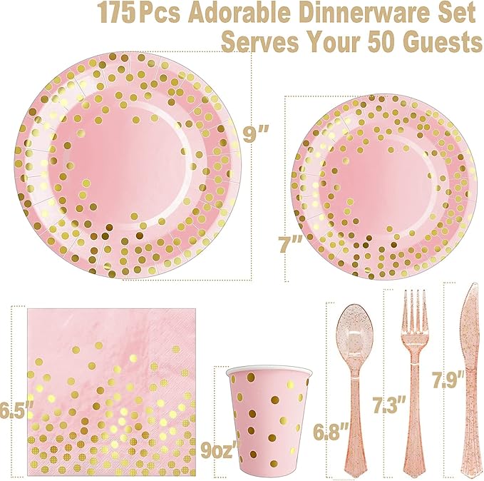 AIRE 175PCS Pink Rose Gold Plates Party Supplies Severs 25 Guests Disposable Party Decorations, Plastic Forks Knives Spoons, Golden Dot Paper Plates Napkins Cups for Mothers Day Birthday Wedding