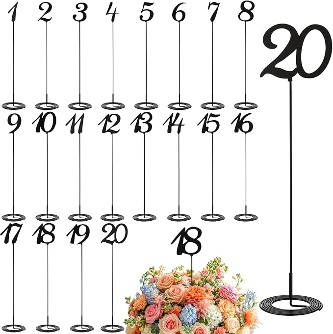 Novabright 20 Pcs Metal Table Numbers 1-20 Numbers for Wedding Reception, 10 Inch Stainless Steel Table Number Signs with Sturdy Holder Base for Banquet, Party, Restaurant & Event Decor(Black)
