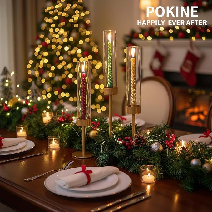 POKINE Tall Candle Holders Set of 3, Hurricane Glass Taper Candlestick Holders for Wedding, Christmas Decor, Dining Table, Party Centerpieces