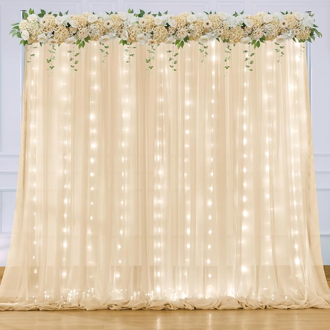20ft x 10ft Champagne Chiffon Backdrop Curtain with Lights String for Parties,4 Panels Sheer Tulle Curtain Wedding Backdrop for Baby Shower Birthday Party Ceremony Reception Home Decorations