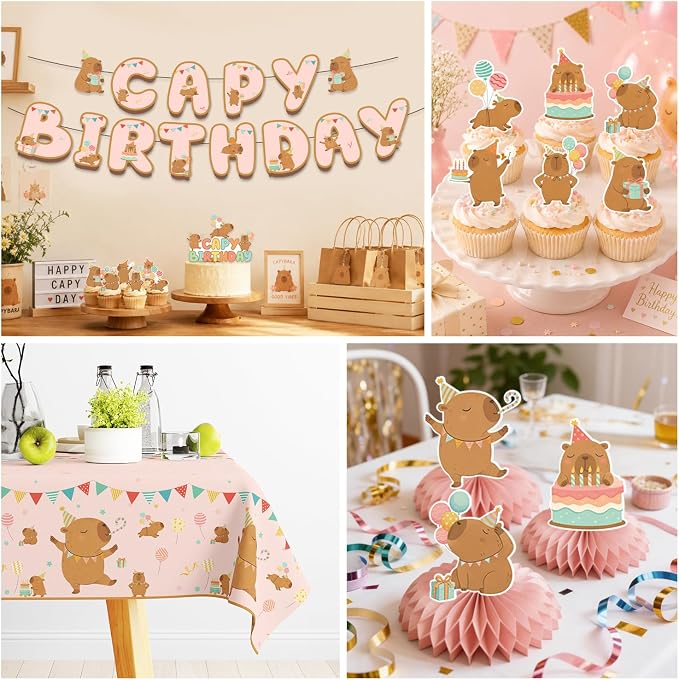 Xynic 208Pcs Capybara Birthday Decorations Tableware Set - Serves 25 Guests - All-in-One Kit with Balloons, Banner, Cake Toppers, 350gsm Plates, Tablecloths, Backdrop, and Honeycombs