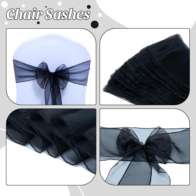 MDS® Pack of 150 Organza Chair Sashes for Wedding Decoration, Reusable Sheer Chair Bows for Banquet Chair Cover, Reception, Bridal Shower, Baby Shower, Birthday Party & Special Events - Black