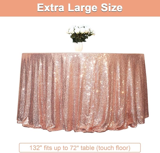 PartyDelight 132" Round Rose Gold Sequin Tablecloth Floor Length for 72-inch Round Table High-Density 3mm Stitched Sequins Luxury Cover for Weddings, Galas & Receptions