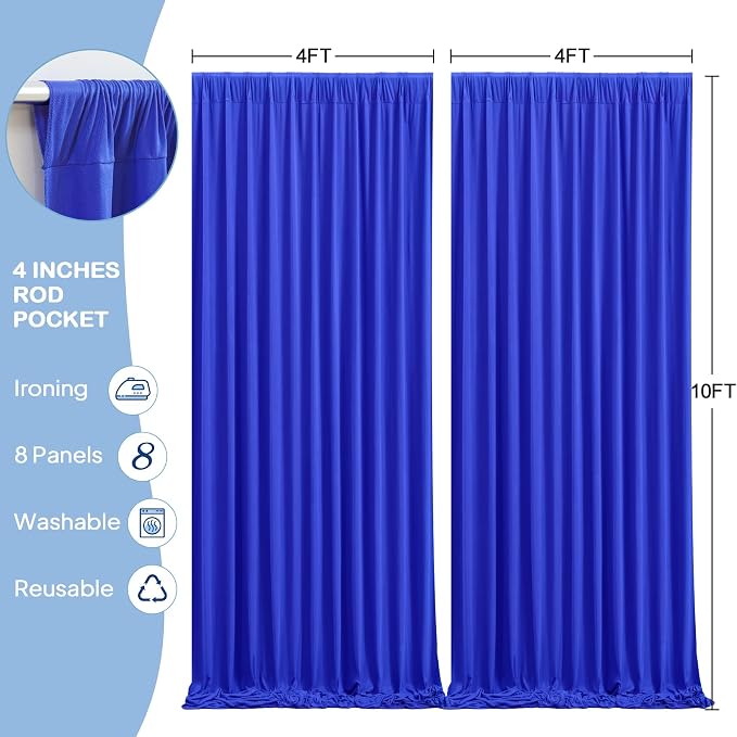 8 Panels Royal Blue Backdrop Curtains - Wrinkle Free Fabric Backdrop Curtain for Photoshoot, 10FT Wedding Party Photo Backdrop Drapes for Birthday Baby Shower Photography Stage Background Decorations