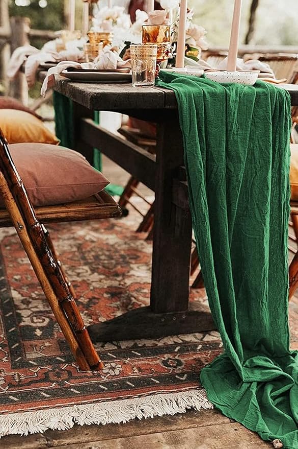 24 Pack Dark Green Cheesecloth Table Runner, 10FT Long Romantic Sheer Cheesecloth Rustic Boho Table Runner for Wedding Baby Shower Birthday Bridal Party Decorations(Dark Green)
