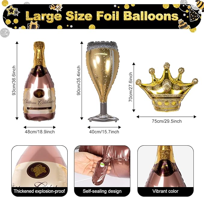 HJINGY Black and Gold Birthday Party Decorations, Happy Birthday Party Supplies for Men Women Includes Balloons, Curtains, Banner, Hanging Swirls, Tablecloth, Plates, Cake Toppers for Party