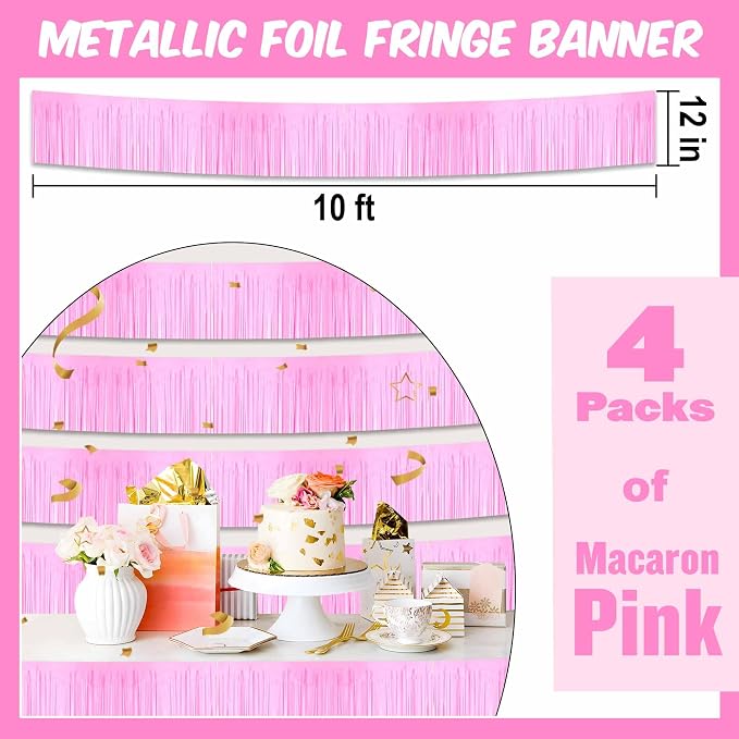 4 Pack 10 Ft Macaron Pink Foil Fringe Garland Metallic Streamers Tinsel Banner Wall Hanging Garland Backdrop for Parade Floats, Graduation, Theme Party, Carnival, Birthday, Wedding Party Decorations