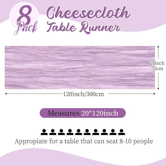 8 Pack Lavender Cheesecloth Table Runners 20x120 Inch Gauze Table Runner Cheese Cloth 10FT Lavender Table Runner Rustic Sheer Runner for Wedding Baby Shower Birthday Party Table Decor
