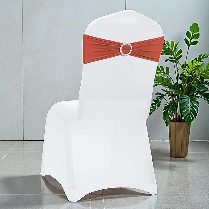 VDS - Terracotta | Spandex Chair Sashes Bows | 25 PCS | Stretch Elastic Banquet Universal Folding Chair Band Tie with Silver Buckle Slider for Wedding Party Conference Celebration Event Decoration