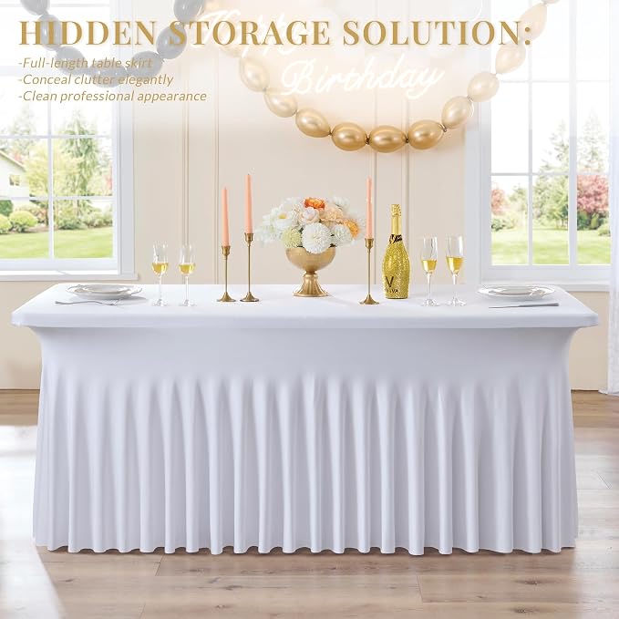 White Spandex Table Cloths for 8 Foot Rectangle Tables, 2 Pack Wrinkle Free Fitted Table Cover 8ft Tablecloth Stretchy Table Skirt for Parties Weddings Banquet Birthday Baby Shower