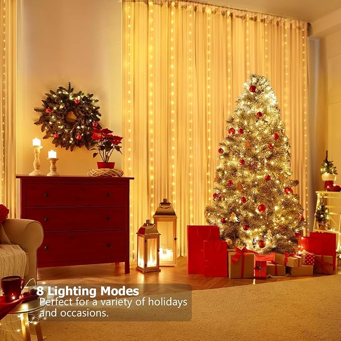 Fairy Curtain Lights 8ft x 6ft, 144 Warm White LED Twinkle Lights | USB Powered & Battery Box Operated Curtain String Lights Remote,Timer,Dimmable for Bedroom Wall Wedding Party Christmas Decor