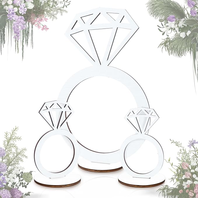 3 PCS Bridal Shower Centerpieces for Tables Diamond Ring Sign Table Centerpieces White Wooden Diamond Ring Sign Decorations for Wedding Anniversary Supplies Batcholette Party Engagement Party