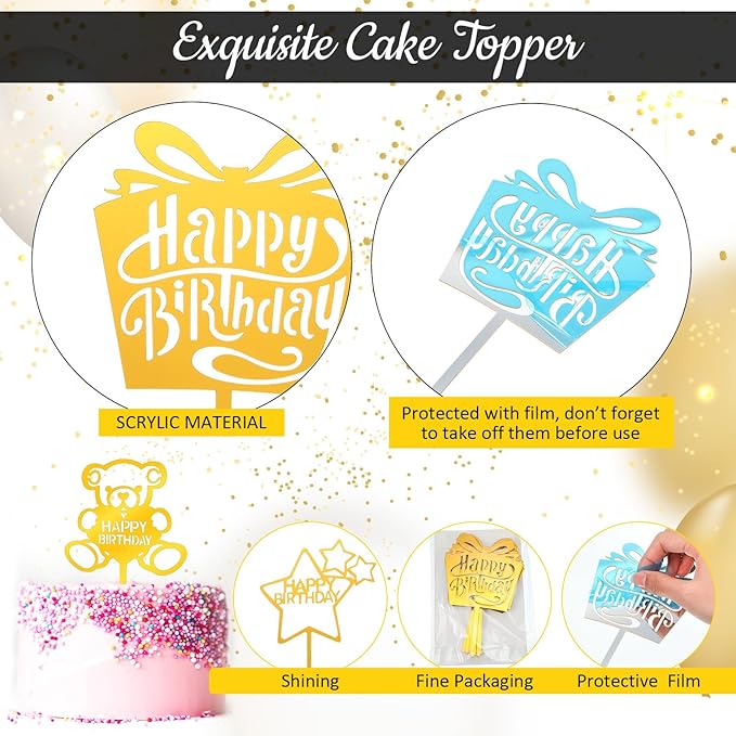 150 Pcs Happy Birthday Cake Toppers Acrylic Cake Topper Glitter Birthday Cake Decorations Double Sided for Adults Various Cake Decoration Party Supplies(Gold,Retro)