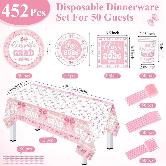 LemonRoad 452 Pcs 2026 Pink Bow Graduation Decoration for 50, Pink and White Grad Paper Plates Napkins Cups Tablecloth Cutlery Straw Coquette Disposable Tableware for Freshly Graduated Party Supplies