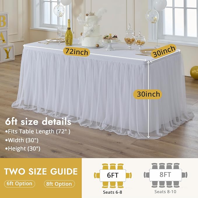 4-Pack White Tulle Tablecloth for 6 Ft Rectangle Tables – Elastic Spandex Table Cover with Tutu Skirt, Wrinkle Free for Wedding, Birthday Party, Banquet Buffet, Craft fairs
