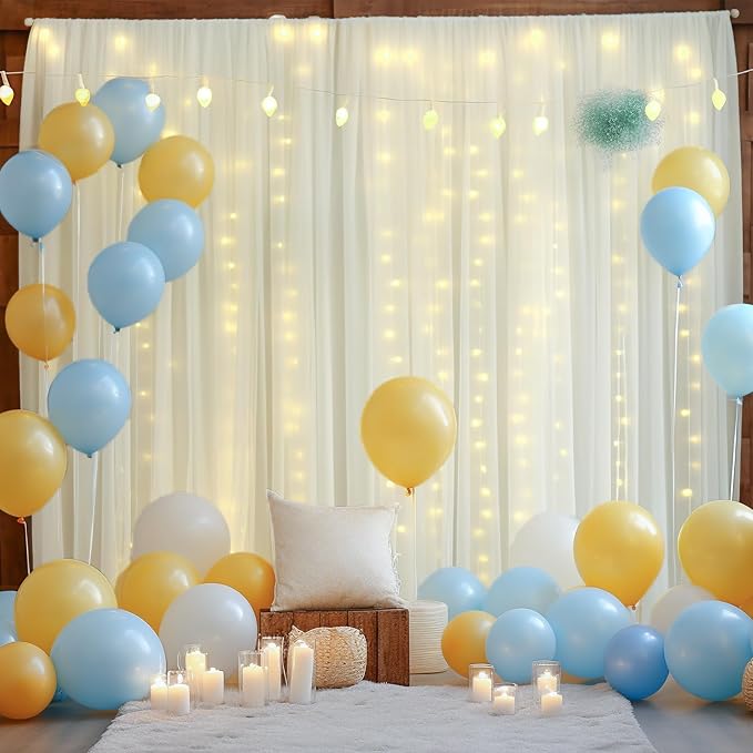 20x8ft Ivory Tulle Backdrop Curtain with Lights String for Parites, Sheer Photo Backdrop Curtains with Lights for Wedding Backdrop Ceremony Reception Bridal Shower Baby Shower Birthday Party