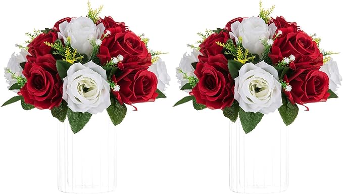 NUPTIO Artificial Flower Centrepieces for Wedding Tables, 2 Pcs Fake Roses | Crimson & White, Silk Floral Balls Arrangement, for Birthday Party, Anniversary, Thanksgivng, Christmas Decorations