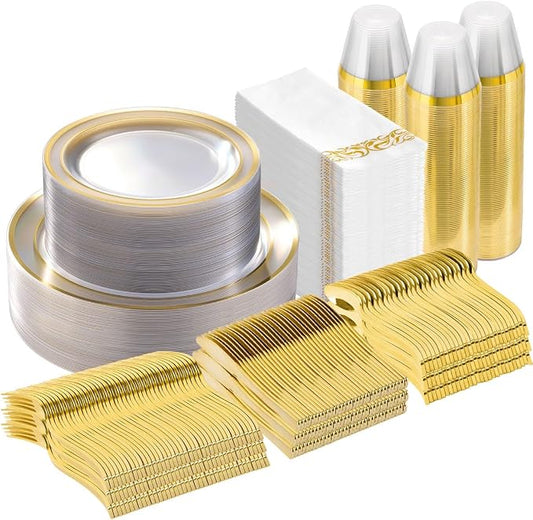 Goodluck 350 Pieces Clear Gold Dinnerware Set for 50 Guests, Plastic Plates Disposable for Party, Include 50 Gold Dinner Plates, 50 Dessert Plates, 50 Paper Napkins, 50 Cups, 50 Gold Silverware Set