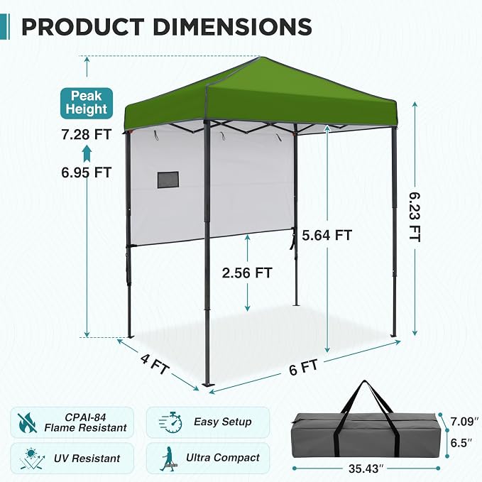 EAGLE PEAK 6x4 Instant Pop Up Canopy Tent with 1 Half Wall Panel, Straight Leg Sun Shelter, Portable Canopy with Carry Bag for Camping, Beach & Sports, Grass Green