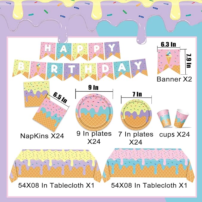 Ice Cream Party Supplies Kit for 24 With Ice Cream Plates, Napkins, Cups, Tablecloth, Banner for Birthday Decorations