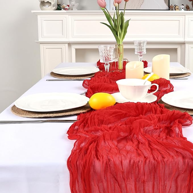 16 Pack Red Cheesecloth Table Runner 10ft Boho Gauze Fabric 120 Inch Cheese Cloth Table Runner Rustic Sheer for Holiday Baby Shower Party Décor Home Wedding Decoration
