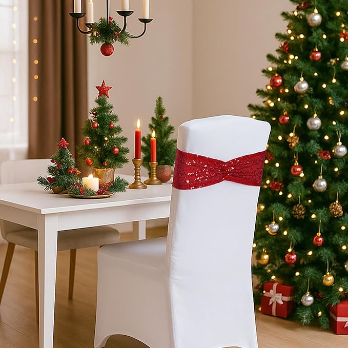 Poise3EHome Red Sequin Chair Sashes, Double Sided Glitter Folding Chair Covers Bow for Wedding Party Banquet Reception Decorations, 20 PCS