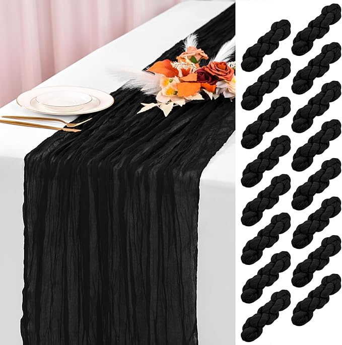 16 Pack Black Cheesecloth Table Runner 120 Inch 10FT Spring Boho Rustic Sheer Gauze Cheese Cloth Table Runner for Wedding Baby Shower Birthday Party Table Decor