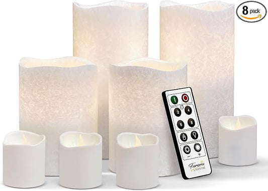FURORA LIGHTING White Crystallized Flameless Candles - Real Wax, Adjustable Brightness, Remote & Timer - 4 Pillars (3x4, 3x6) and 4 Votives, 8-Pack, Battery Operated