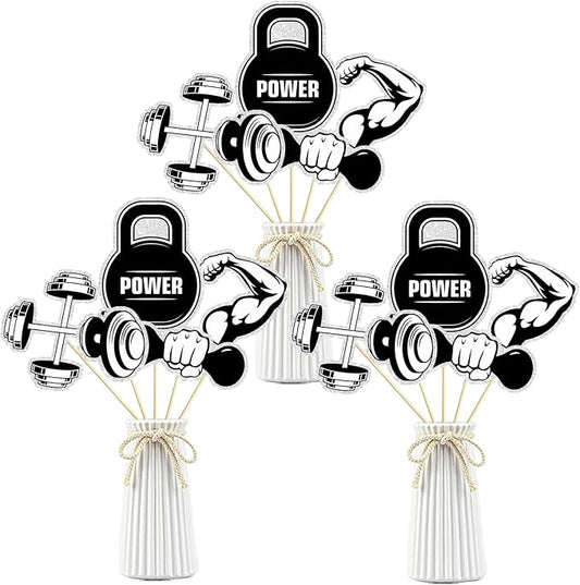 Gym Workout Theme Centerpiece Sticks,Biceps Dumbbells Kettlebells Abodominal Wheels Bodybuilding Table Toppers,Baby Shower Party Supplies Black.Set of 15