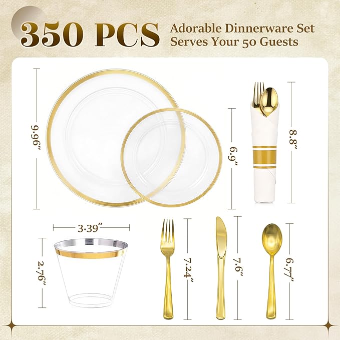 350pcs Plastic Dinnerware Set Clear & Gold | Disposable Plastic Plates for 50 Guests Include 100 Plastic Plates,50 Cups & 50 Pre Rolled Napkins with Cutlery Set for Party